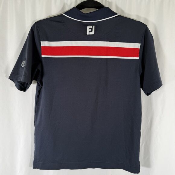 Footjoy Golf Polo Juniors Large Navy Blue Striped Short Sleeve 1/4 Button Tech - Picture 7 of 9